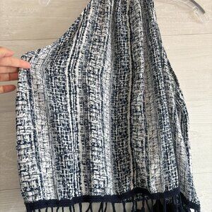 Paper Crane Top Womens  Navy Blue White Print Sleeveless Fringe Blouse S